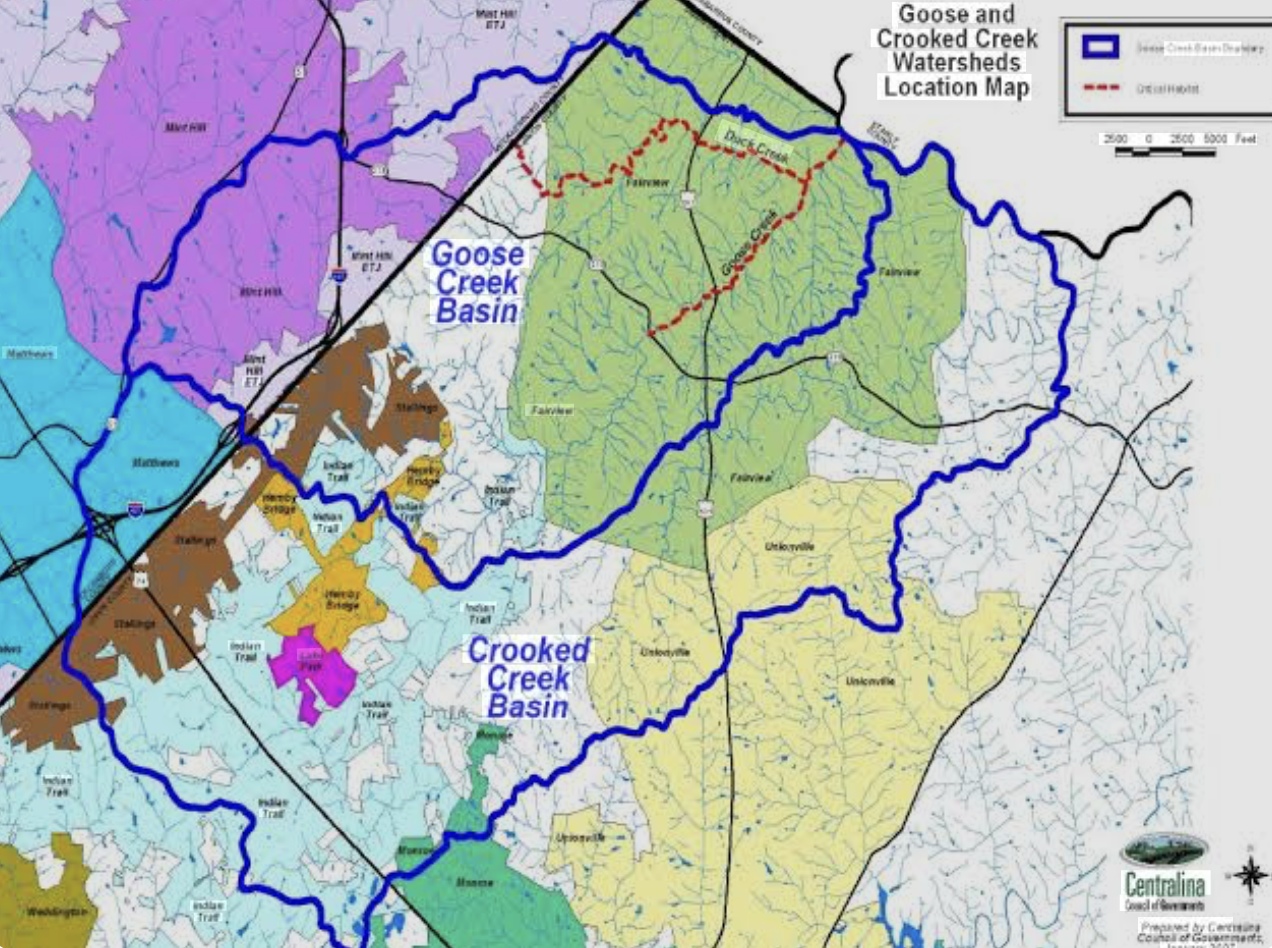 NC DEQ Goose and Crooked Creek Watersheds Location Map showing Indian Trail, Matthews, Mint Hill, Monroe, Stallings, and Fairview in Mecklenburg and Union Counties
